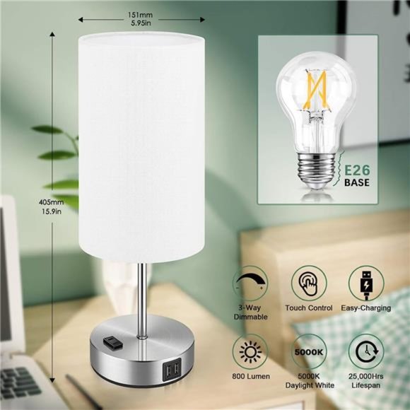 Set of 2 Touch Control Table Lamps with 2 USB Charging Ports&AC Outlet, 3-Way - Picture 2 of 6